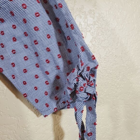 Aqua Off the Shoulder Peasant Gingham Swiss Dot Cotton Summer Picnic Crop Blouse - Picture 6 of 8